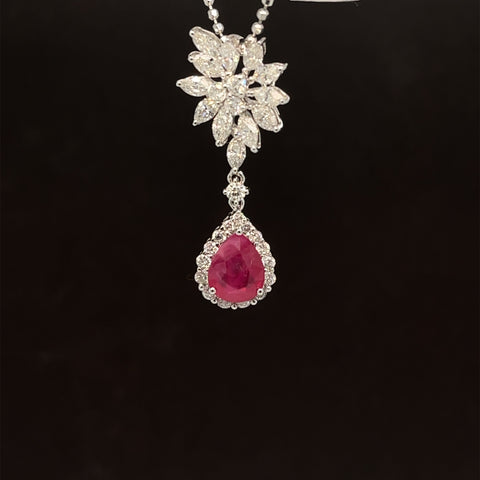 Ruby & Diamond Halo Floral Cluster Drop Pendant in 18k White Gold -#557 - PDRUB025186