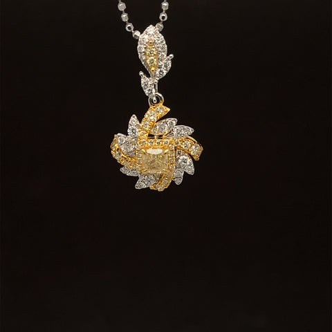 Yellow & White Diamond Cushion Floral Swirl Cluster Pendant in 18k Two-Tone Gold - #558 - PDDIA349653