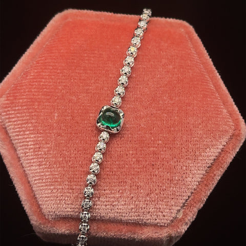 Emerald Cabochon & Diamond Tennis Bracelet in 18k White Gold - #564 - BREME010411