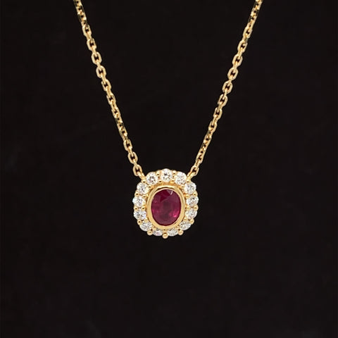 Ruby Oval Solitaire & Diamond Halo Cluster Necklace in 18k Yellow Gold - #572 - NLRUB011748