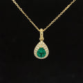 Emerald & Diamond Pear Double Halo Cluster Necklace in 18k Yellow Gold - #579 - NLEME009366