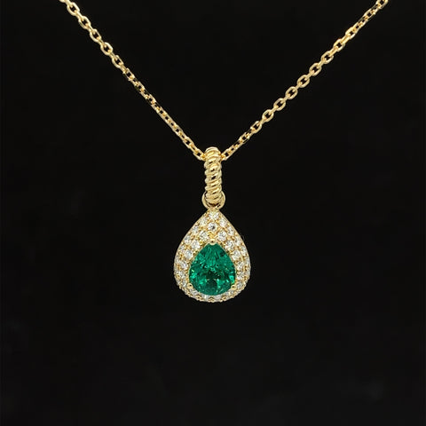 Emerald & Diamond Pear Double Halo Cluster Necklace in 18k Yellow Gold - #579 - NLEME009366