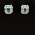 Emerald & Diamond Halo Cluster Art Deco Stud Earrings in 18k White Gold - #581 -EREME027874