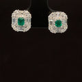 Emerald & Diamond Halo Cluster Art Deco Stud Earrings in 18k White Gold - #581 -EREME027874