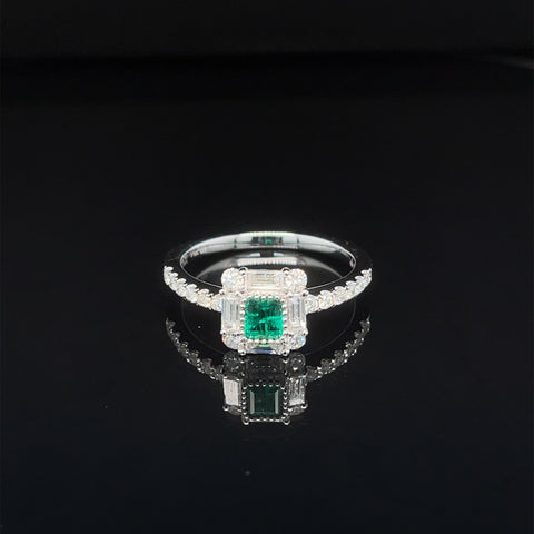 Emerald & Diamond Cushion Halo Engagement Ring in 18k White Gold - #607 - RGEME065955