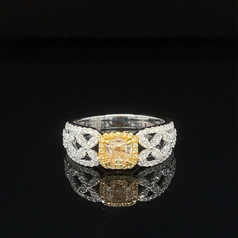 Yellow & White Diamond Cushion Halo Trellis Engagement Ring in 18k Two-Tone Gold - #609 - RGDIA671156