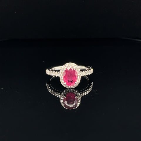 Ruby & Diamond Oval Halo Engagement Ring in 18k White Gold - (#105-RGRUB104147) - Divine & Timeless Jewelry