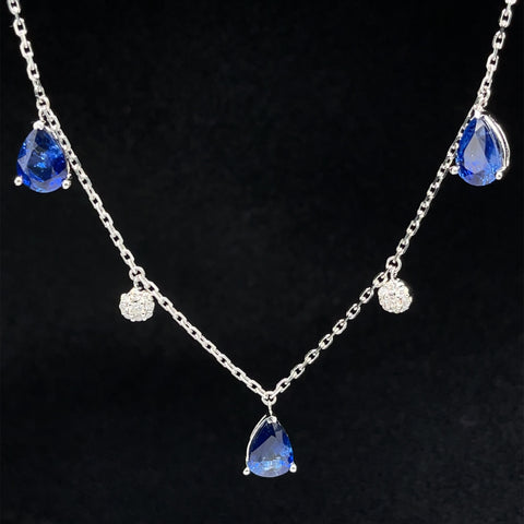 Sapphire & Diamond Icicle Drop Station Necklace in 18k White Gold - (#113-NLSAP014234) - Divine & Timeless Jewelry