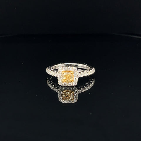 Fancy Yellow & White Diamond Radiant Halo Ring in 18k Two Tone Gold - (#117-JR0894GH-01) - Divine & Timeless Jewelry