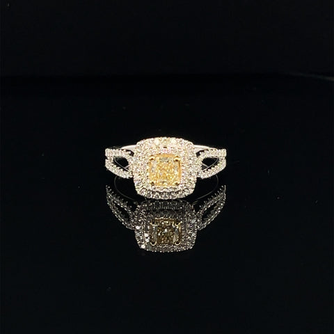 Fancy Yellow & White Diamond Radiant Double Halo Split Shank Ring in 18k Two Tone Gold - (#121-JR0577GH) - Divine & Timeless Jewelry