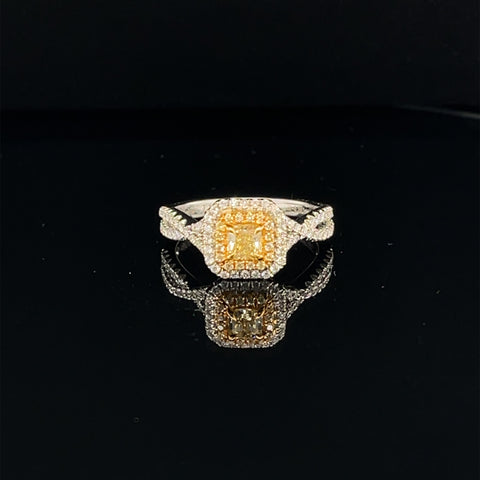 Fancy Yellow & White Diamond Radiant Double Halo Split Band Ring in 18k Two Tone Gold - (#123-JR0711GH - 18) - Divine & Timeless Jewelry