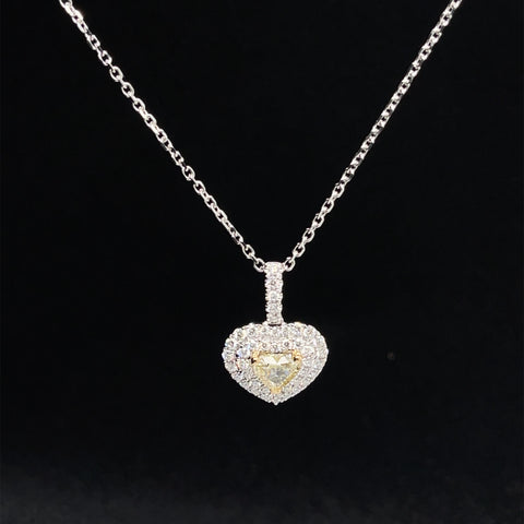 Fancy Yellow & White Diamond Heart Double Halo Pendant Necklace in 18k Two Tone Gold - (#140-JP0997GP - 03) - Divine & Timeless Jewelry