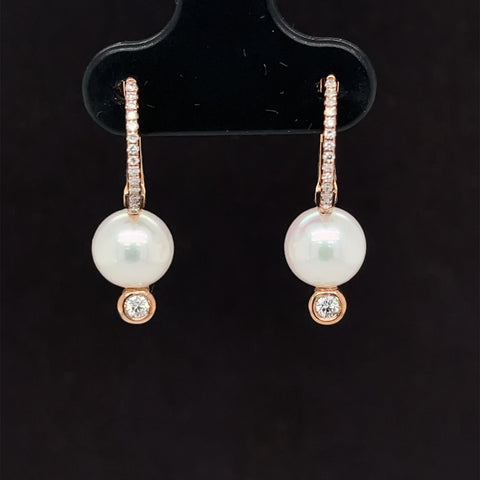 Diamond & Pearl Drop Huggie Hoop Earrings in 14k Rose Gold - #172 AJE00112-003 - Divine & Timeless Jewelry