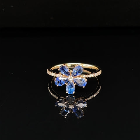 Blue Sapphire Oleander Diamond Promise Ring in 18k Yellow Gold - (#233 - HRSAP001994)