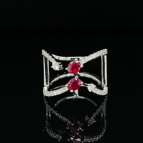 Ruby 2-Stone Bow-Tie Wide Double Ring in 18k White Gold - #234 - HRRUB002262