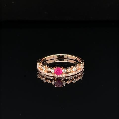 Vintage Princess Crown Ruby & Diamond Double Stack Ring in 18k Rose Gold - (#238 - HRRUB002598)