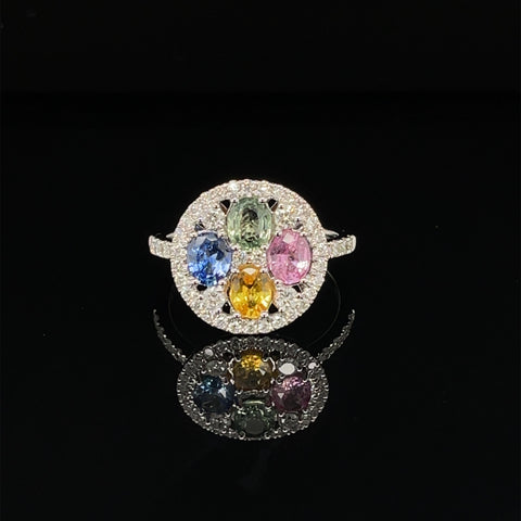 Rainbow Sapphire & Diamond Vintage Pave Cocktail Ring in 18k White Gold - (#245 - HRMIX000186)