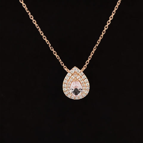 Pear Morganite & Diamond 0.70ctw Halo Raindrop Pendant Necklace in 18k Rose Gold -#312 - NLMOR000048