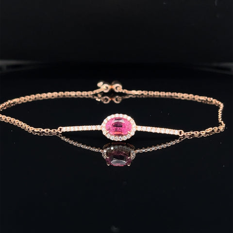 Pink Tourmaline & Diamond 1.23ctw Oval Vintage Halo Bolo Bracelet in 18k Rose Gold - #315 - BRTOM000024