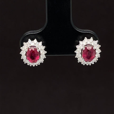 Ruby & Diamond 1.40ctw Classic Halo Cluster Earrings in 18k White Gold - #329 - HERUB000975