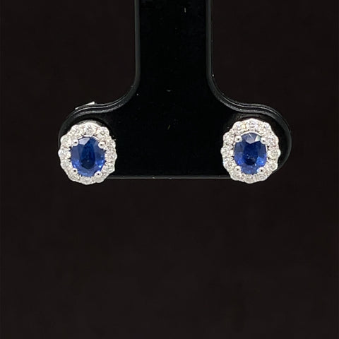 Oval Blue Sapphire & Diamond 0.88ctw Lace Halo Cluster Earrings in 18k White Gold - #330 - ERSAP093374