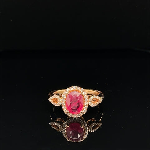 Ruby & Diamond Oval Halo Cluster Raindrop Ring in 18K Rose - (#37 - HRRUB001320) - Divine & Timeless Jewelry