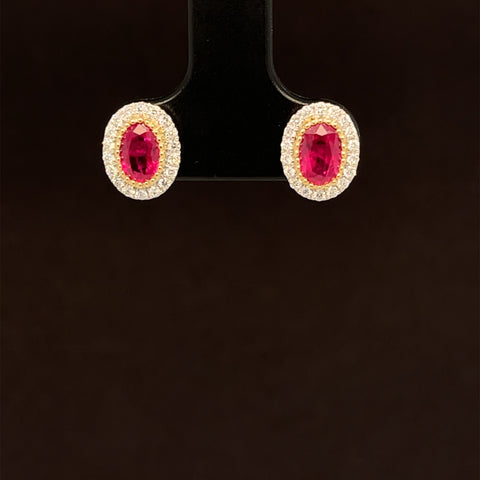 Ruby & Diamond 1.11ctw Oval Halo Cluster Stud Earrings in 18k Two-Tone Gold - #381 -ERRUB043424