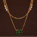 Emerald Flower & Diamond 3-Stone Double-Layer Necklace in 18k Yellow Gold - #481 - NLEME009168