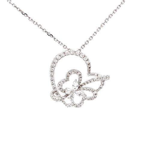 Diamond Butterfly & Heart Endless Ribbons Pendant in 18k White Gold - (#49-PDDIA343689) - Divine & Timeless Jewelry