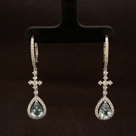 Aquamarine & Diamond Cross Dangle Latch Back Earrings in 18k White Gold - #504 - ERAQU006288