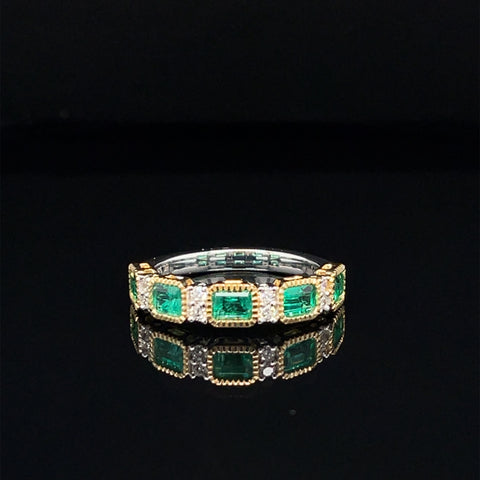 Emerald & Diamond Art Deco Anniversary Ring in 18k Two-Tone Gold - #519 - RGEME065643