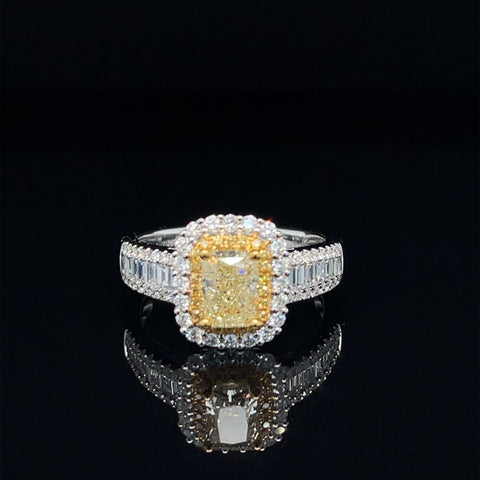 Fancy Yellow & White Diamond Halo Baguette Engagement Ring - #537 - RGDIA668966