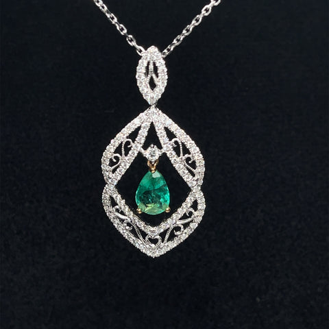Emerald & Diamond Filigree Raindrop Pendant in 18k White Gold - (#72-PDEME017259) - Divine & Timeless Jewelry